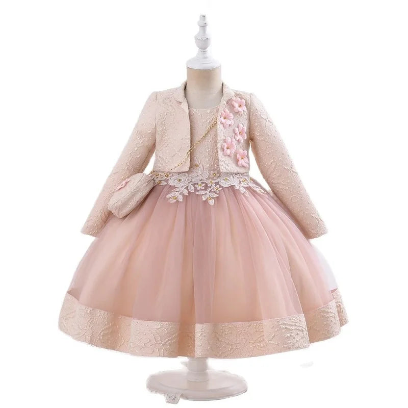 Yoliyolei 3pcs/set Puffy Dress for Girls Jacquard Pattern Tulle Patchwork Children Clothing 3D Appliques Casual Birthday Dresses