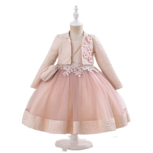 Yoliyolei 3pcs/set Puffy Dress for Girls Jacquard Pattern Tulle Patchwork Children Clothing 3D Appliques Casual Birthday Dresses