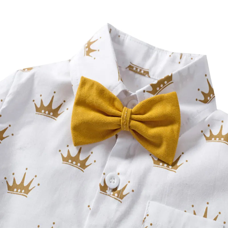 Summer Kids Boys Formal Outfit Suit Crown Printed Shirt with Bow Leather Belt Boy Birthday Party Clothes Set 1 2 3 4 5 6 Years