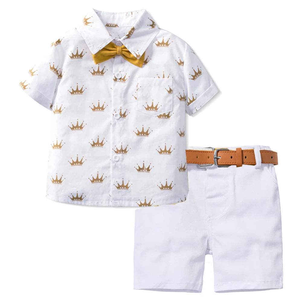 Summer Kids Boys Formal Outfit Suit Crown Printed Shirt with Bow Leather Belt Boy Birthday Party Clothes Set 1 2 3 4 5 6 Years