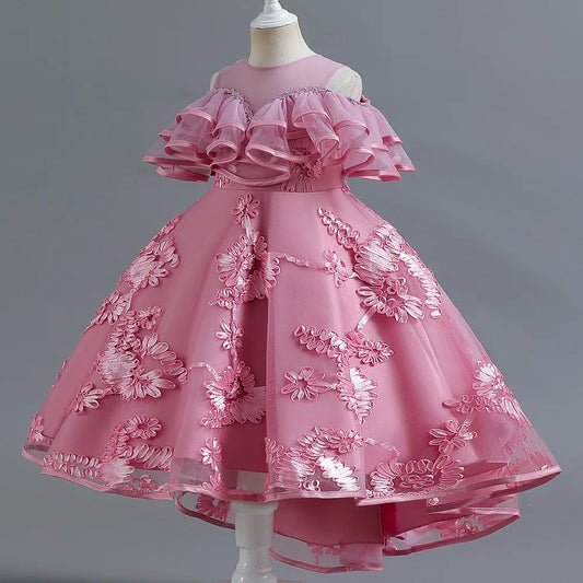 New Princess Girls Embroidery Flower Trailing Dress Children Kids Elegant