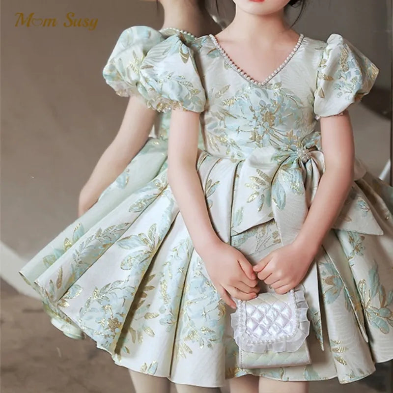 Baby Girl Princess Floral Silk Pearl Neck Dress Short Puff Sleeve