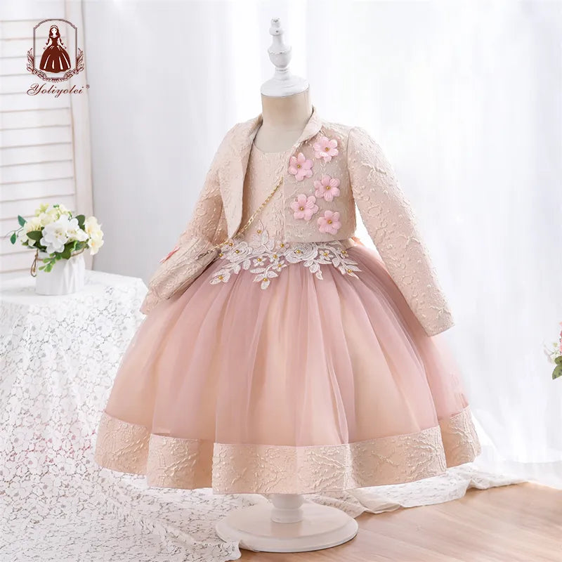 Yoliyolei 3pcs/set Puffy Dress for Girls Jacquard Pattern Tulle Patchwork Children Clothing 3D Appliques Casual Birthday Dresses