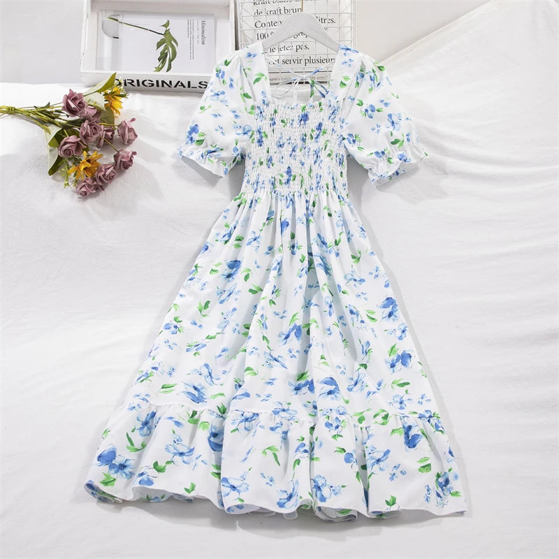 Spring Summer Short Sleeve Chiffon Dresses Fashion Female Elastic Waist Pleated Casual Dress Women A-line Dresses Vestidos