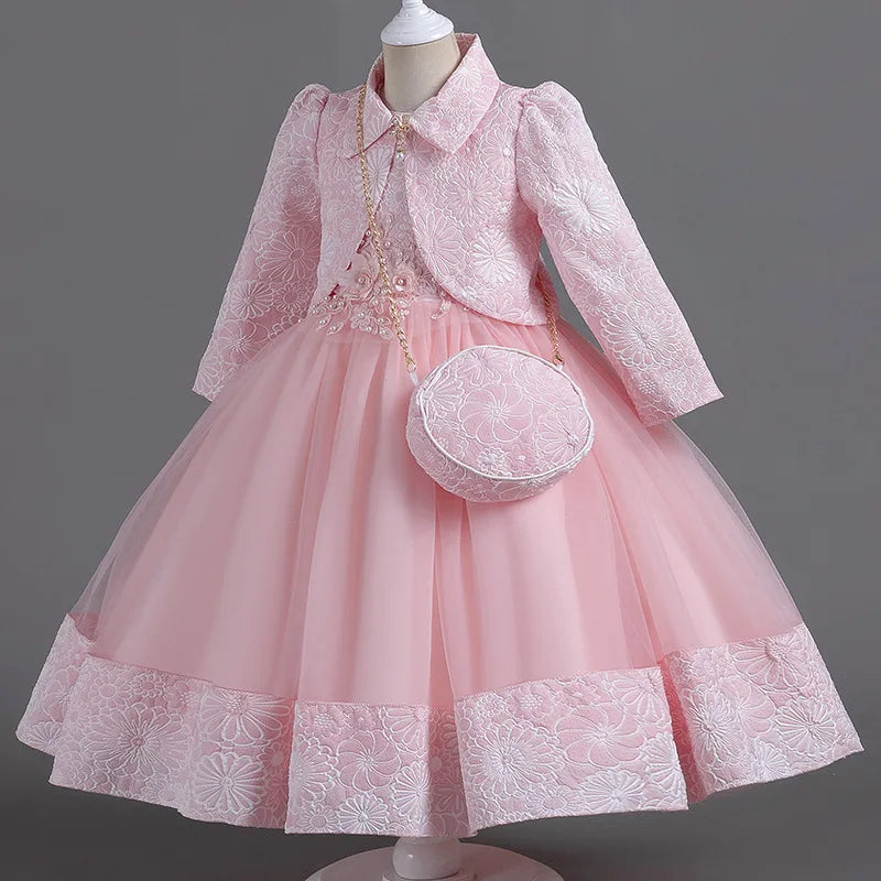 New Girls' Gowns Puffy Yarn Princess Dress Three Piece Set